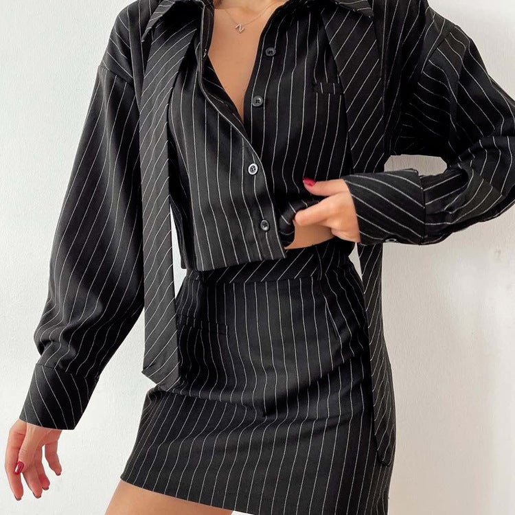 Striped Long Sleeve Tie Shirt Outfit Package Hip Skirt Women Two Piece Set Office Women Clothing Early Spring