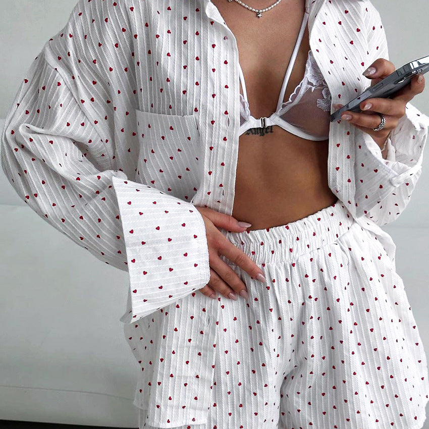 Spring Pajamas Pure Cotton Love Jacquard Shirt Shorts Two Piece Casual Homewear