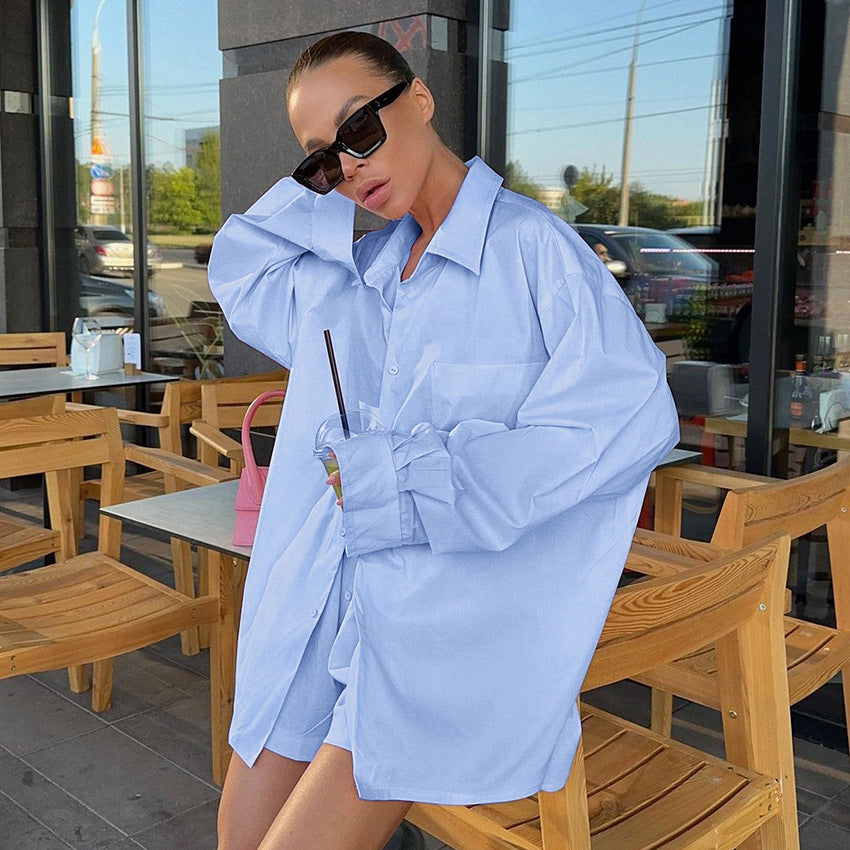 Autumn Blue Cardigan Long Sleeve Shirt Shorts Ladies Homewear Casual Comfortable Pajamas Two Piece Set