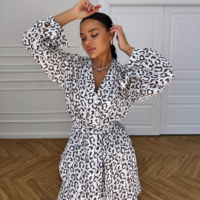 Summer Crepe Cotton Long Sleeve Nightgown Shorts Two Piece Leopard Print Ladies Homewear