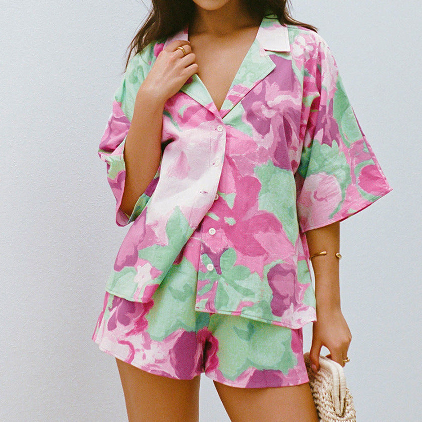 Summer Printed Polyester Two Piece Set Short Sleeve Shorts Can Be Worn outside Ladies Homewear