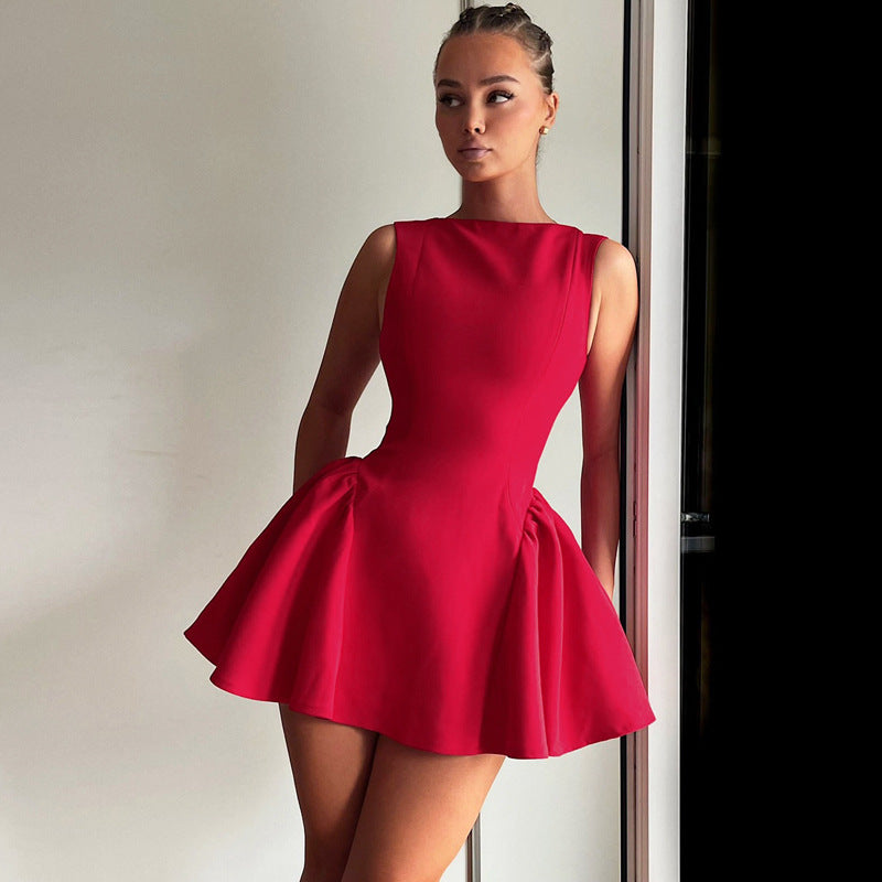 Spring Women Clothing Solid Color Sleeveless Short Sexy Slim Fit Backless Dress Women