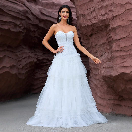 Tube Top Elegant Graceful Wedding Dress Long Mesh Tiered Dress Wedding Evening Gown