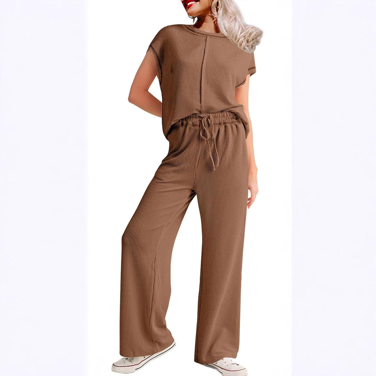 Spring Summer Casual Women Three Quarter Sleeve Rope Solid Color Office Trousers Set Women