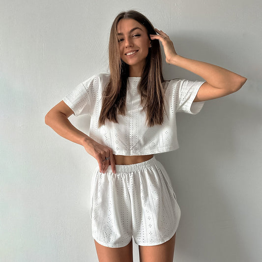 Autumn White Knitted Fabric Jacquard Short Sleeved Shorts Pajamas Two Piece Suit Skin Friendly Soft Comfortable Ladies Homewear