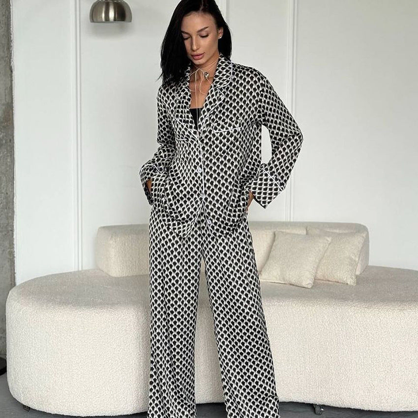 Autumn Autumn Warm Plaid Long Sleeved Trousers Two Piece Set High Sense Imitated Silk Pajamas Women