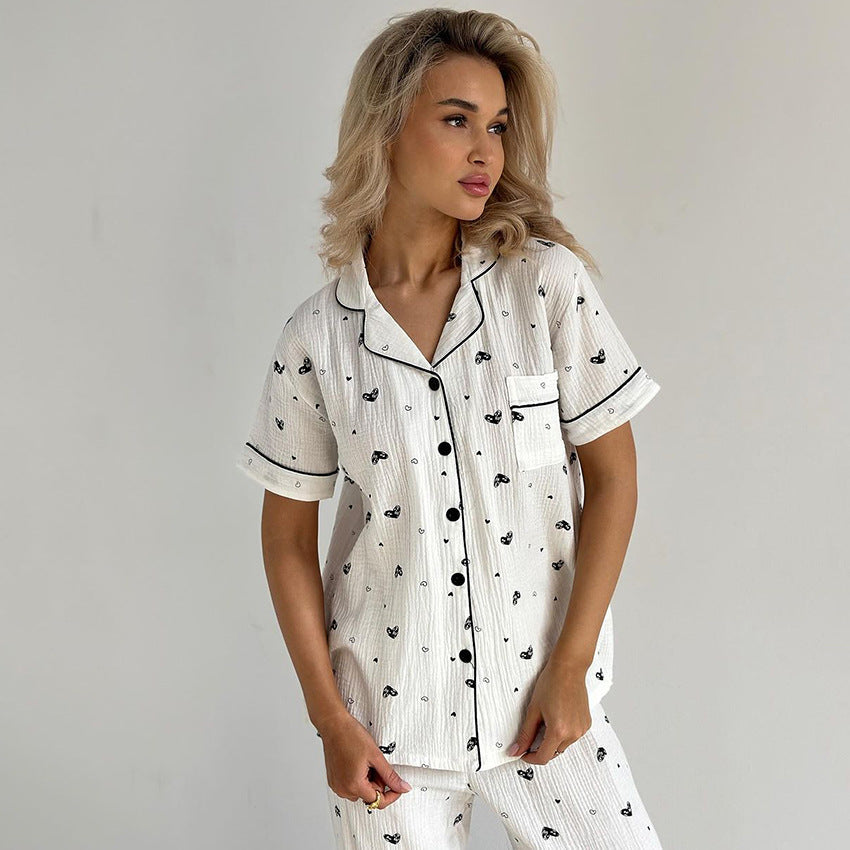 Spring Cotton Pajamas Two Piece Short Sleeved Shorts Heart Printing Soft Ladies Homewear