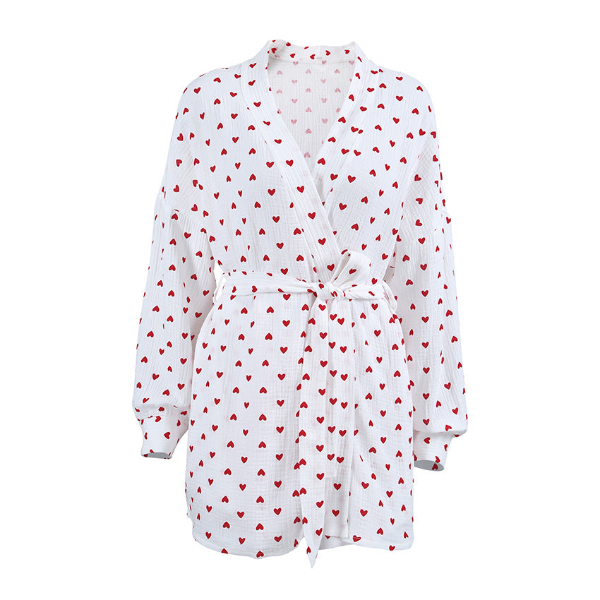 Pure Cotton Ladies' Homewear Heart Printing Nightgown Shorts Two Piece Set Spring Thermal Pajamas