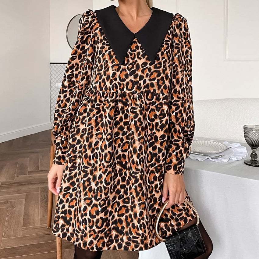 Autumn Pajamas Leopard Print Nightdress Stitching Long Sleeve Short Women Home Wear