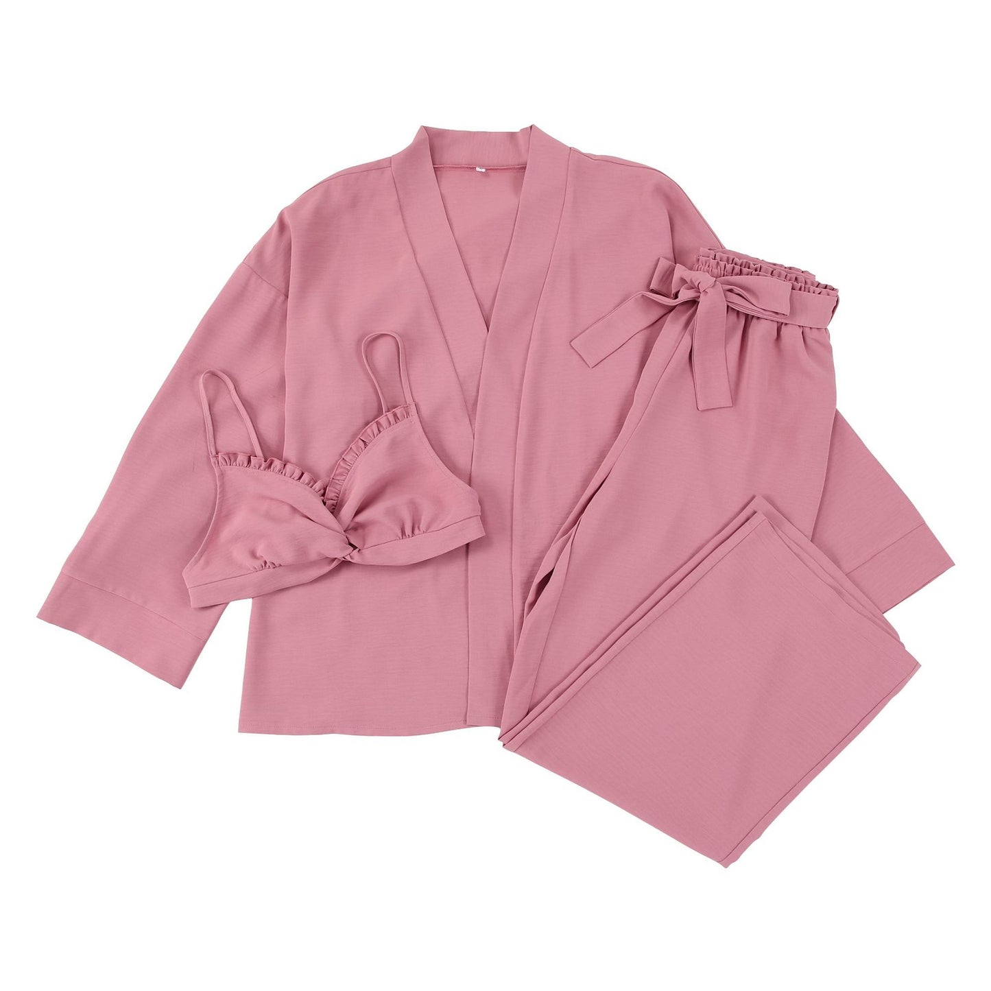 Sweet Ruffled Wrapped Chest Gauze Pajamas Women Long-Sleeved Three-Piece Nightgown Bow Homewear