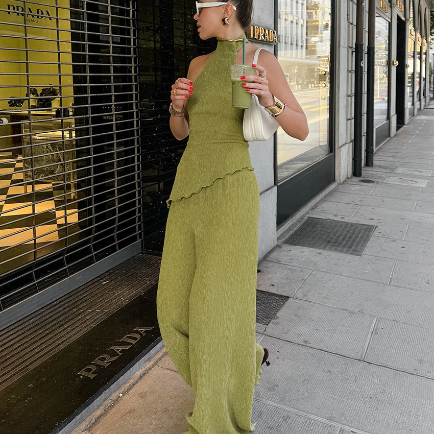 Spring Summer Design Green Sleeveless Halter Vest Wide Leg Pants Two Piece Set Office Women