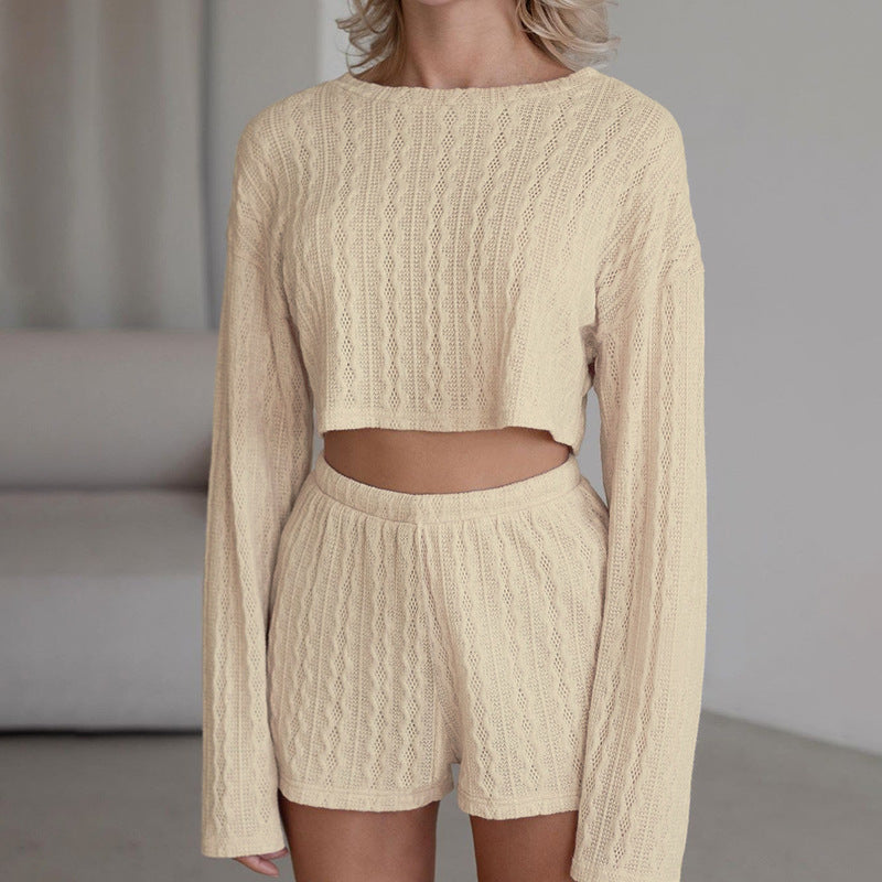 Spring Sexy Knitted Cropped Long Sleeve Pajamas Shorts Two Piece Comfortable Soft Home Wear