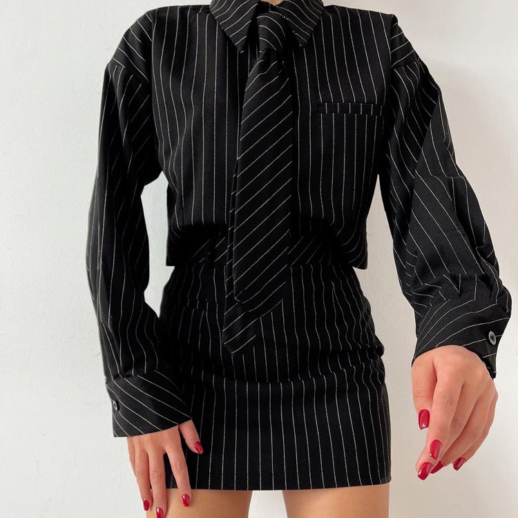 Striped Long Sleeve Tie Shirt Outfit Package Hip Skirt Women Two Piece Set Office Women Clothing Early Spring