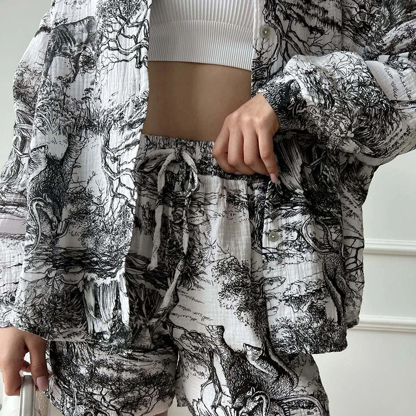 Summer Printed Cotton Pajamas Cardigan Long Sleeve Shorts Two Piece Set for Outerwear Homewear Women