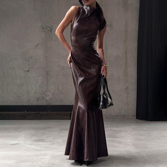 Women Sexy Slim Fit High Stand Collar Sleeveless Fishtail Leather Maxi Dress