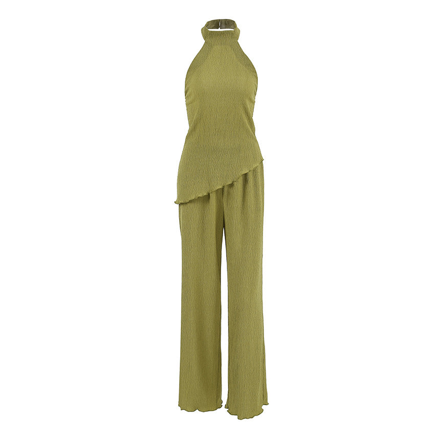 Spring Summer Design Green Sleeveless Halter Vest Wide Leg Pants Two Piece Set Office Women