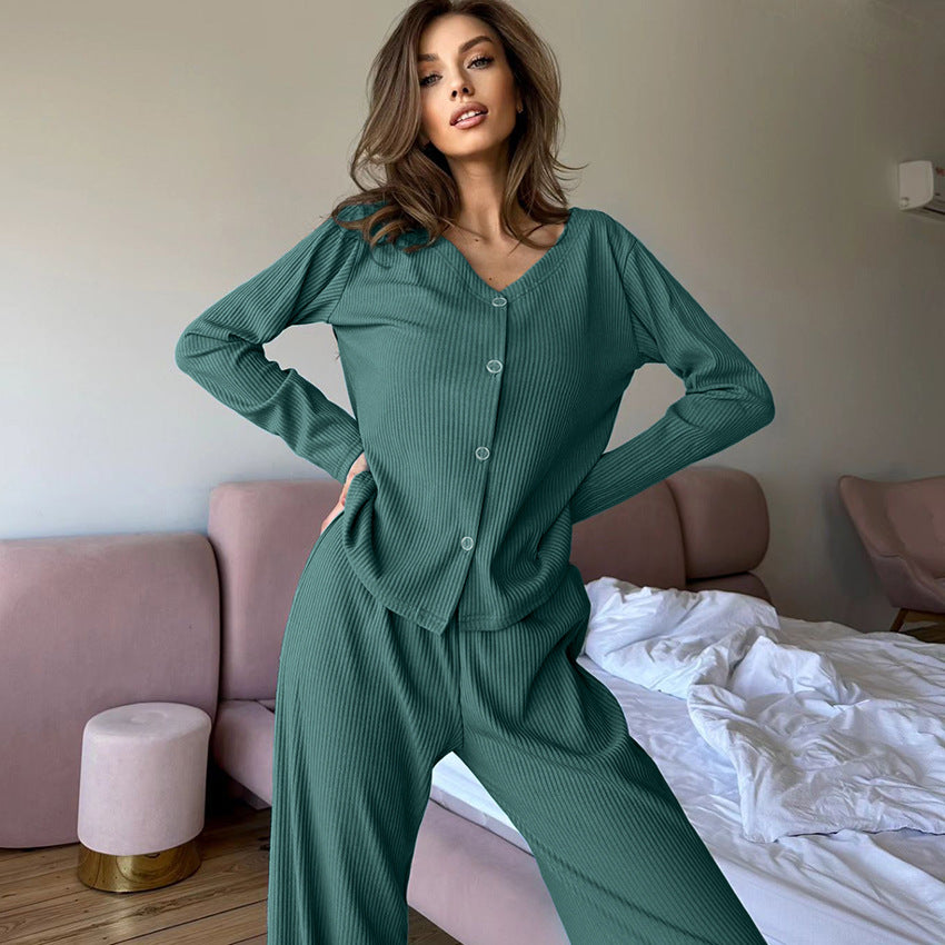 Autumn Warm Cardigan Long Sleeve Pants Two Piece Set Solid Color Simple Casual Knitted Pajamas Women