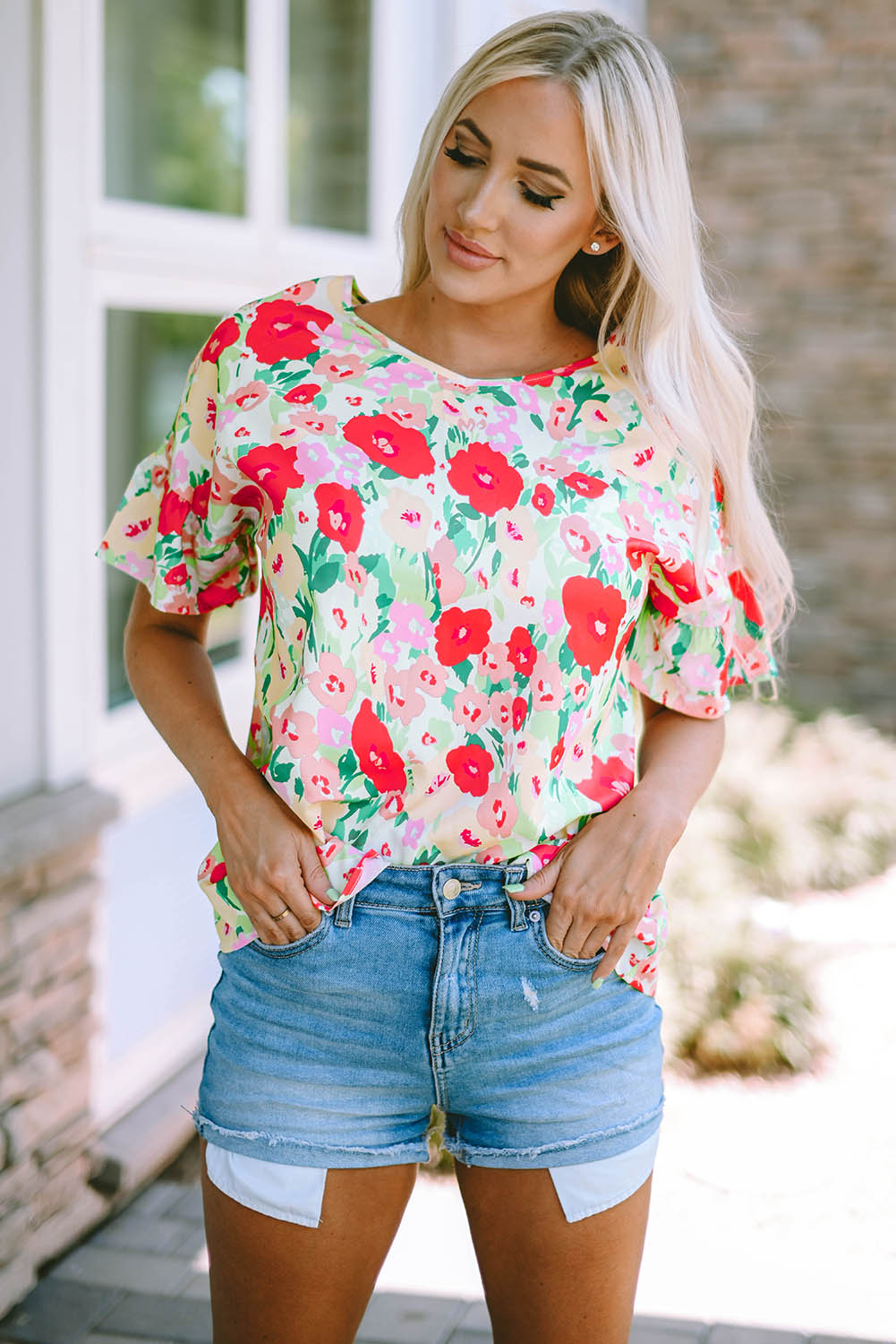 Fiery Red Floral Print Ruffled Short Sleeve V Neck Blouse