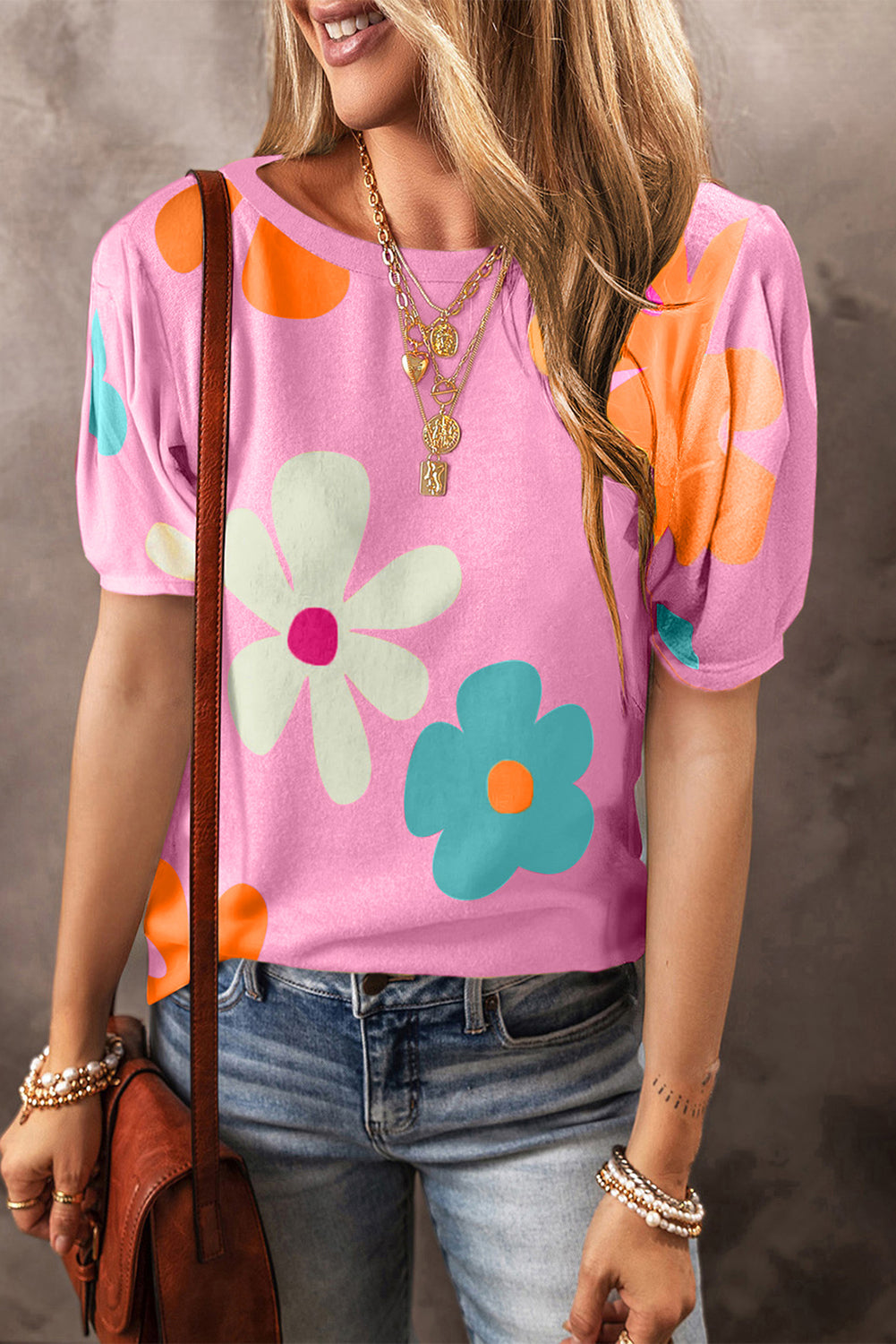 Sky Blue Flower Print Bubble Sleeve Tee