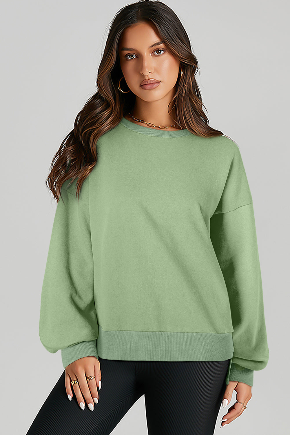 Parchment Solid O Neck High Low Hem Pullover Sweatshirt