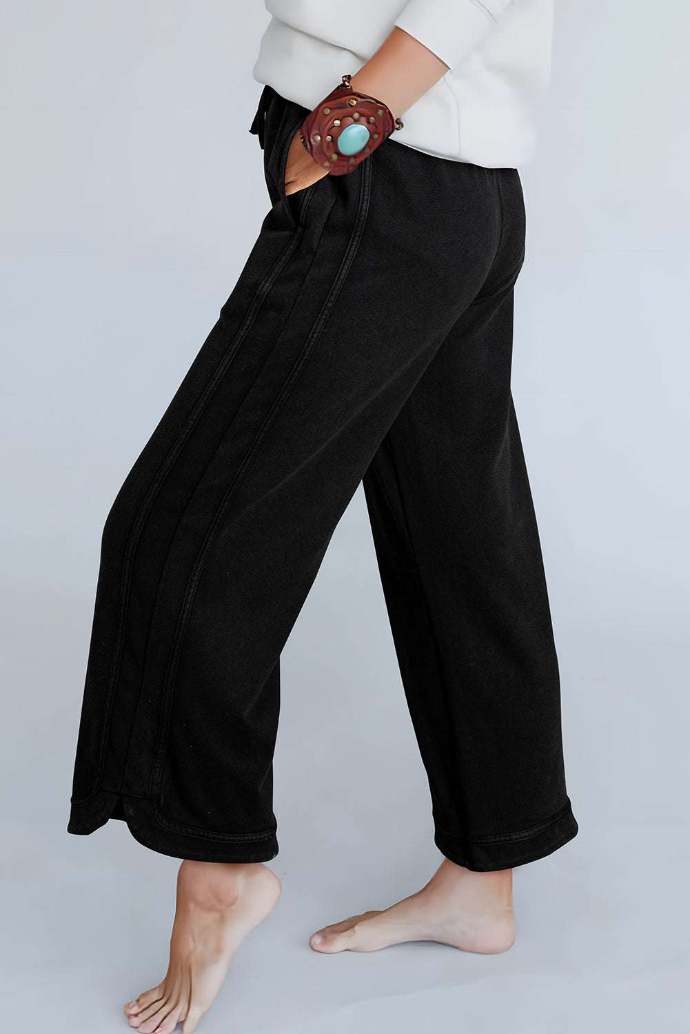 Black Mineral Wash Exposed Seam Wide Leg Pants