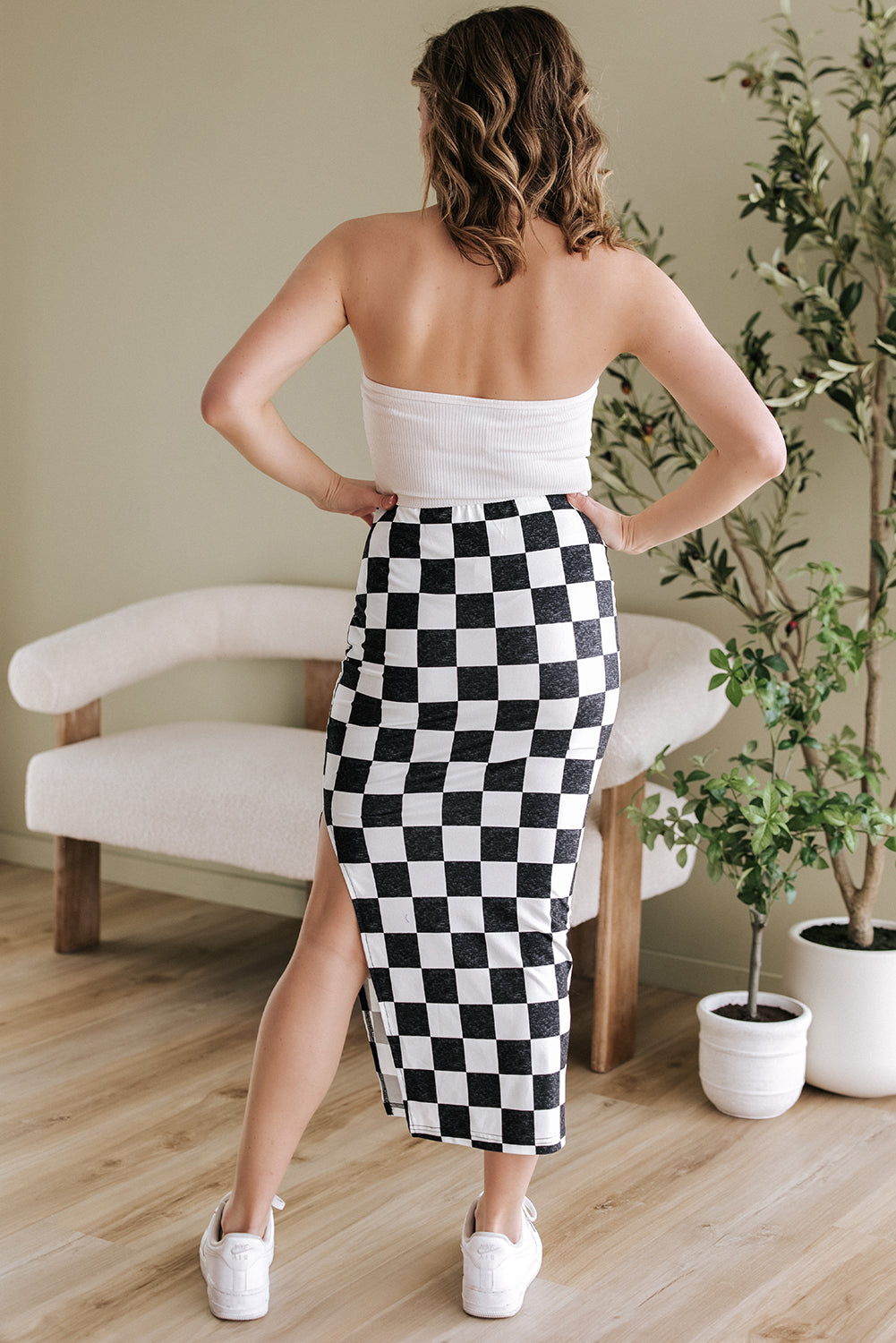 Rose Checkered Print Side Slit High Waist Midi Skirt