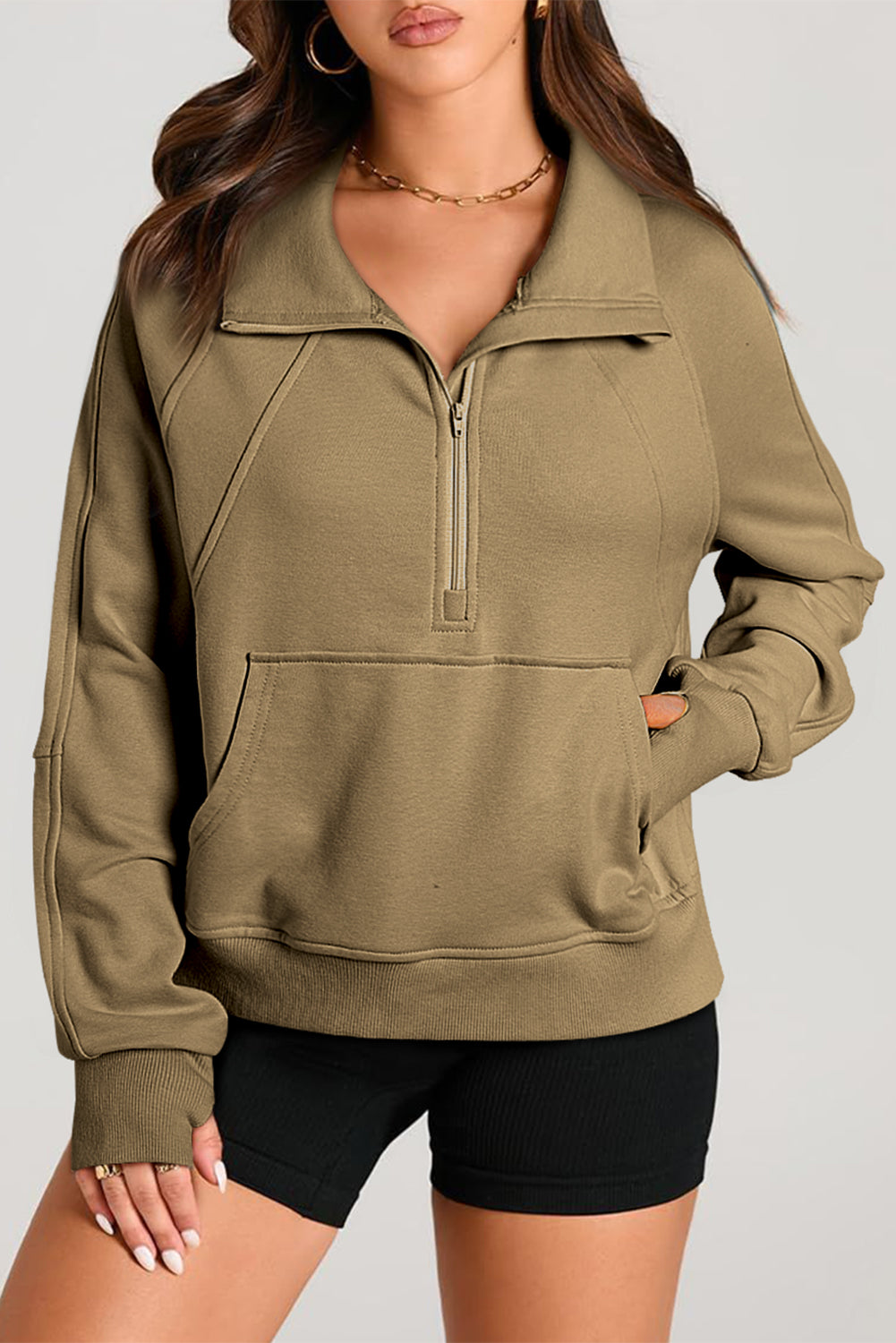 Black Quarter Zip Stand Neck Kangaroo Pocket Sweatshirt