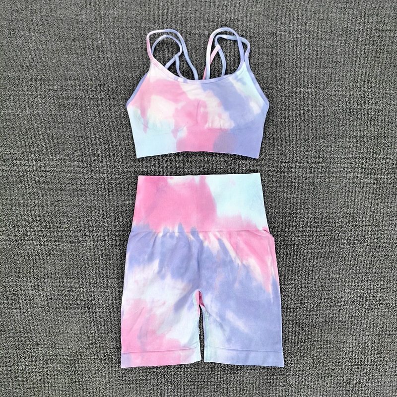 Seamless Sport Set Tie Dye Crop Bra Shorts Yoga Set