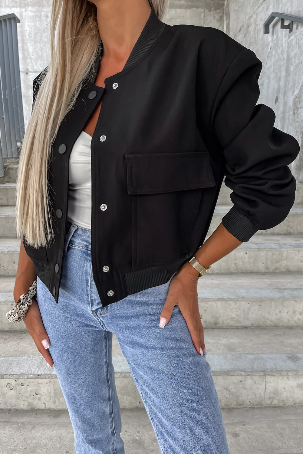 Black Big Pockets Baseball Collar Jacket