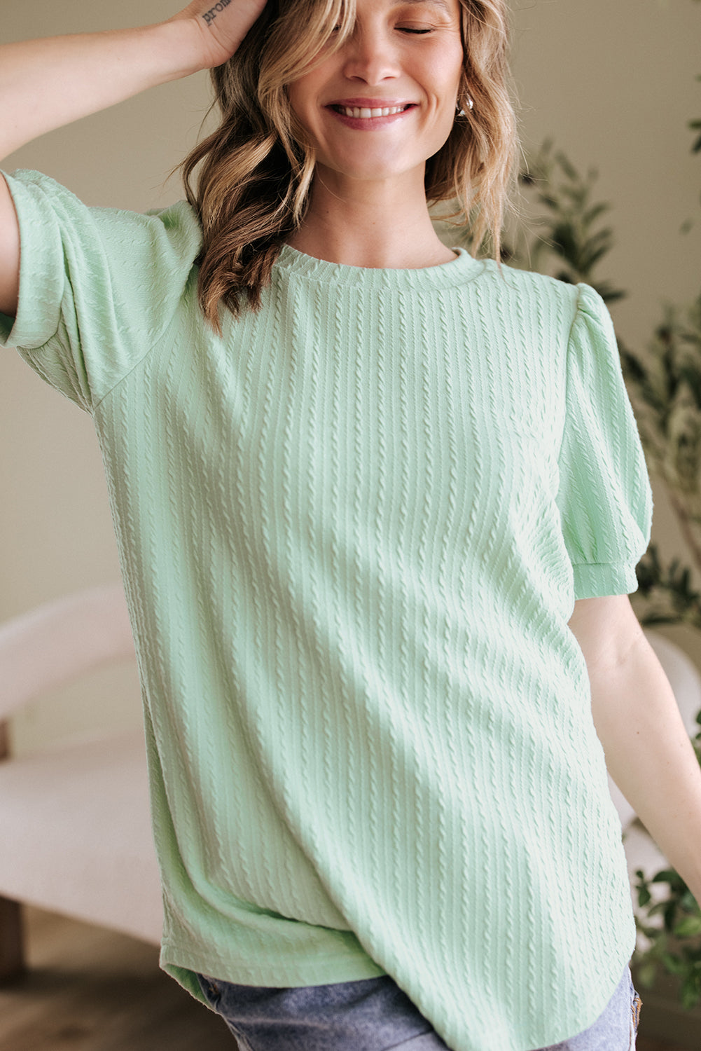 Mist Green Textured Round Neck Short Puff Sleeve Top