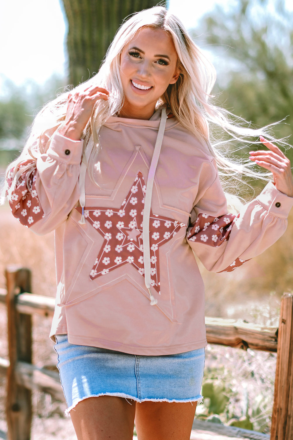 Apricot Floral Patchwork Star Pattern Drawstring Hoodie