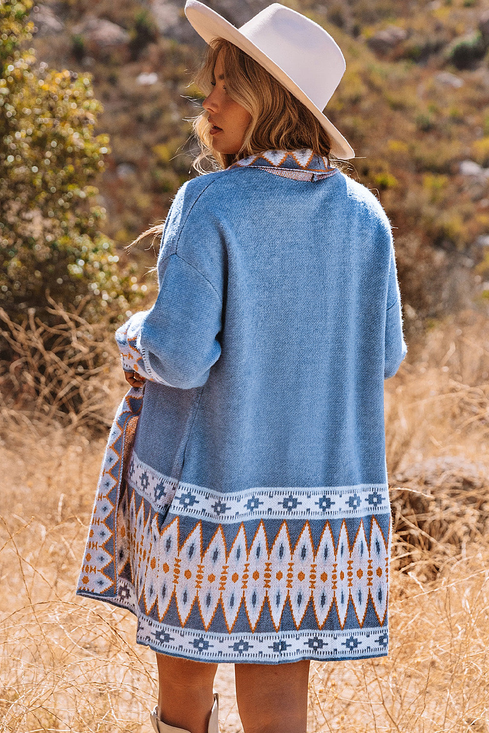 Brown Aztec Print Open Front Knitted Cardigan