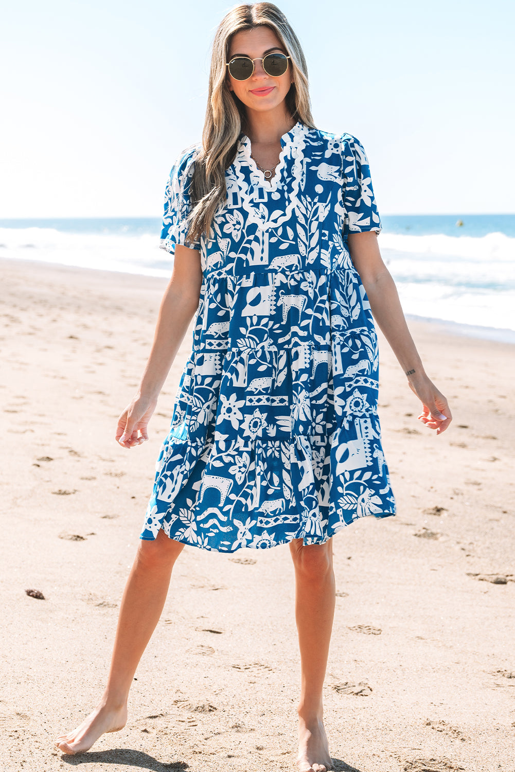 Blue Ricrac Trim Split Neck Floral Loose Dress