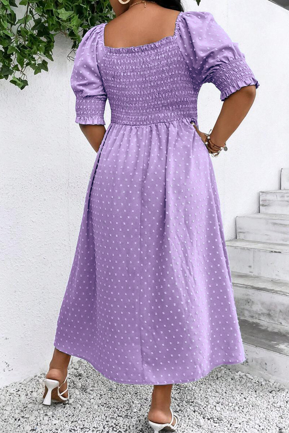 Wisteria Swiss Dot Smocked Frilled Neckline Short Sleeve Plus Size Dress