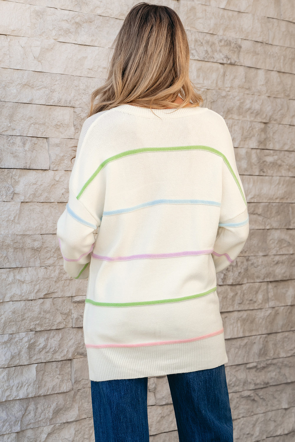 Pink Rainbow Stripes Drop Shoulder Baggy Henley Sweater