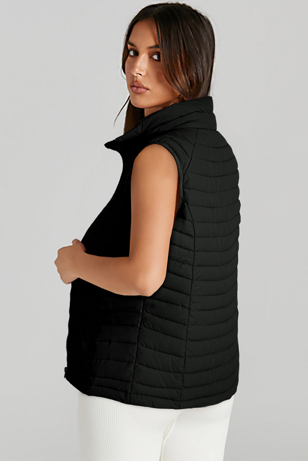 Burgundy Plush Collared Quilted Zipped Puffer Vest