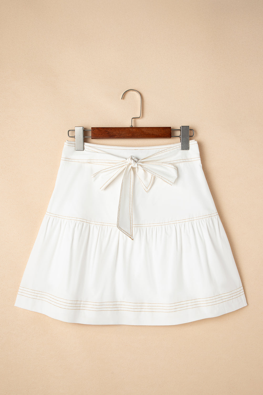 White Contrast Stitching Trim Knotted High Waist A-Line Mini Skirt