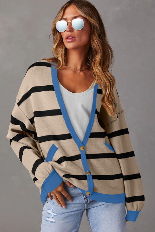 White Colorblock Drop Shoulder Buttoned Loose Cardigan