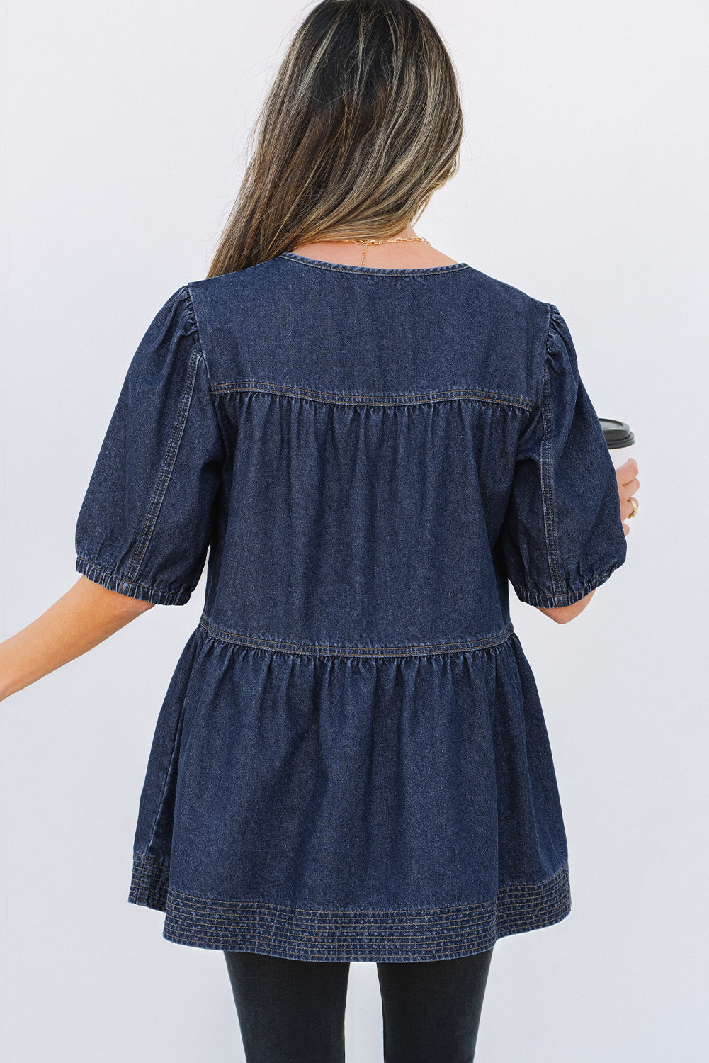 Sail Blue Puff Sleeve Lace-up Neckline Splicing Denim Blouse