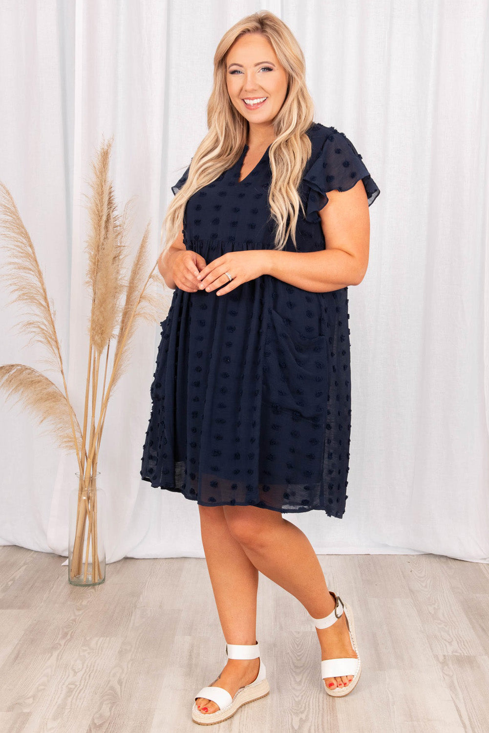 Navy Blue Dotty Textured Notched Neck Plus Ruffled Dress