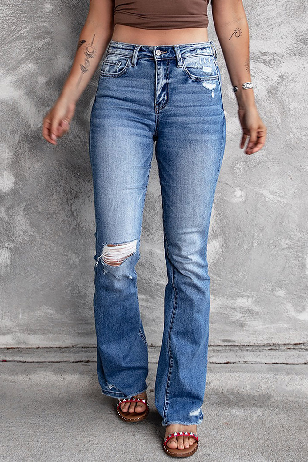 Blue Distressed Flare Jeans