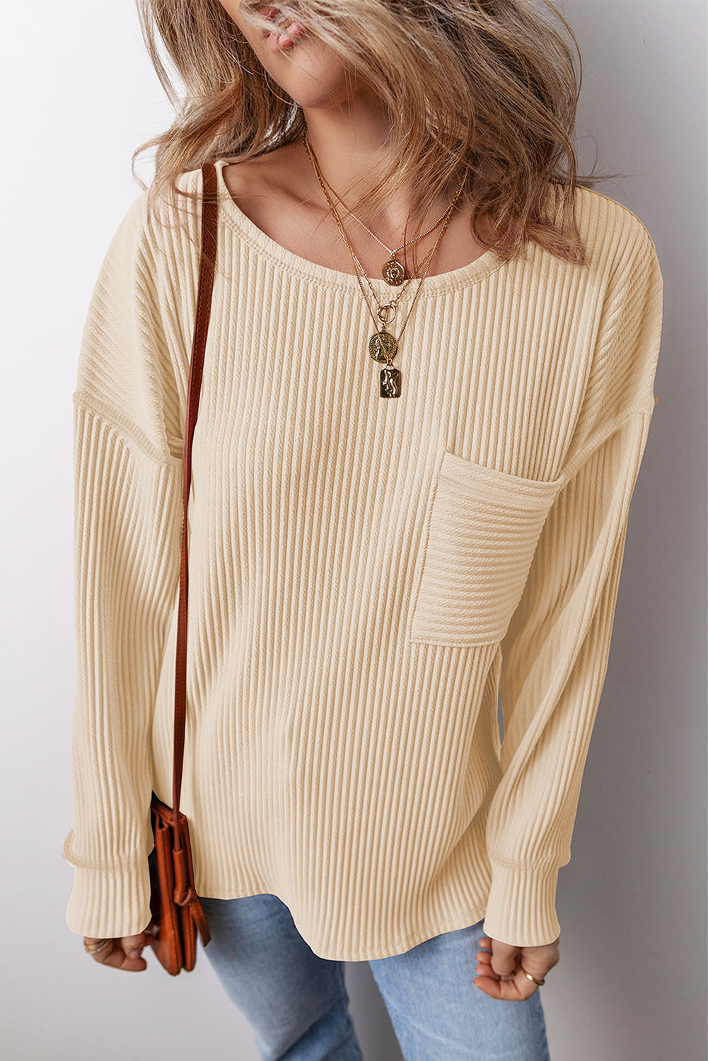 Black Solid Color Corded Drop Shoulder Long Sleeve Top