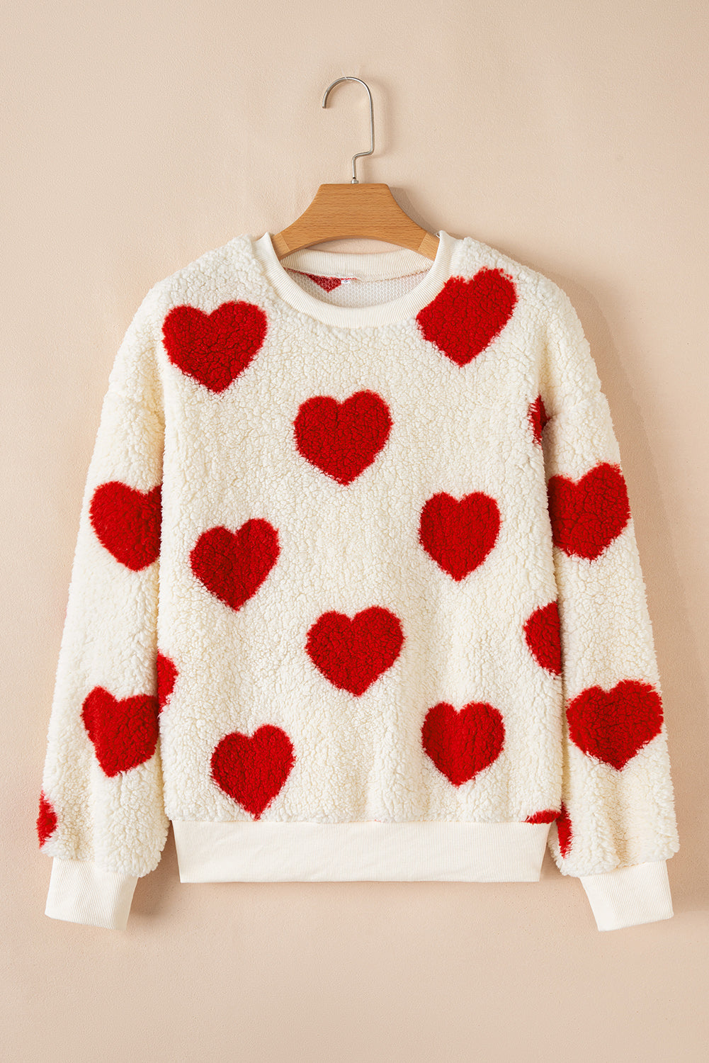 Fiery Red Heart Shape Drop Shoulder Crewneck Plush Sweatshirt