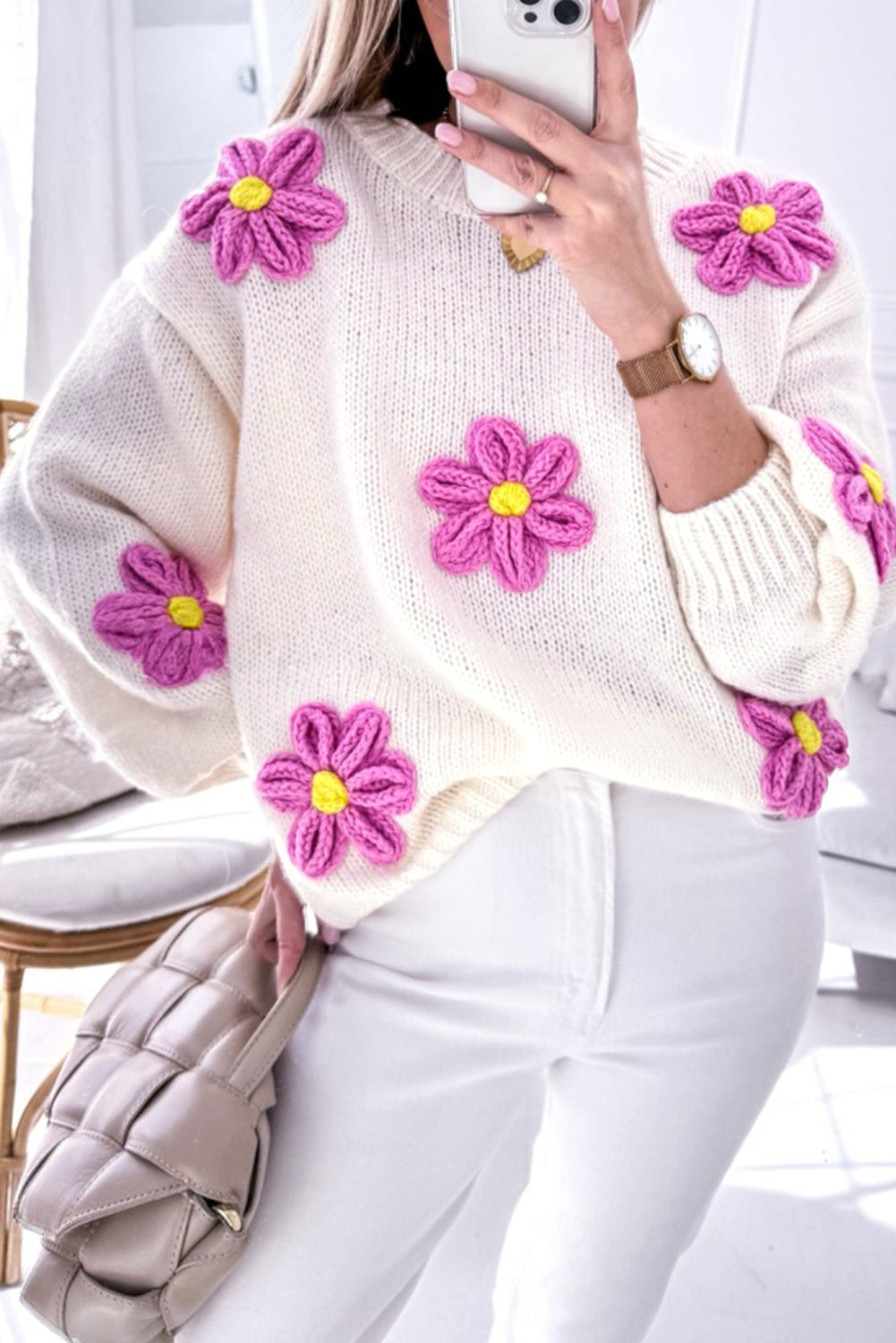 White Floral Crochet Chunky Knit Sweater