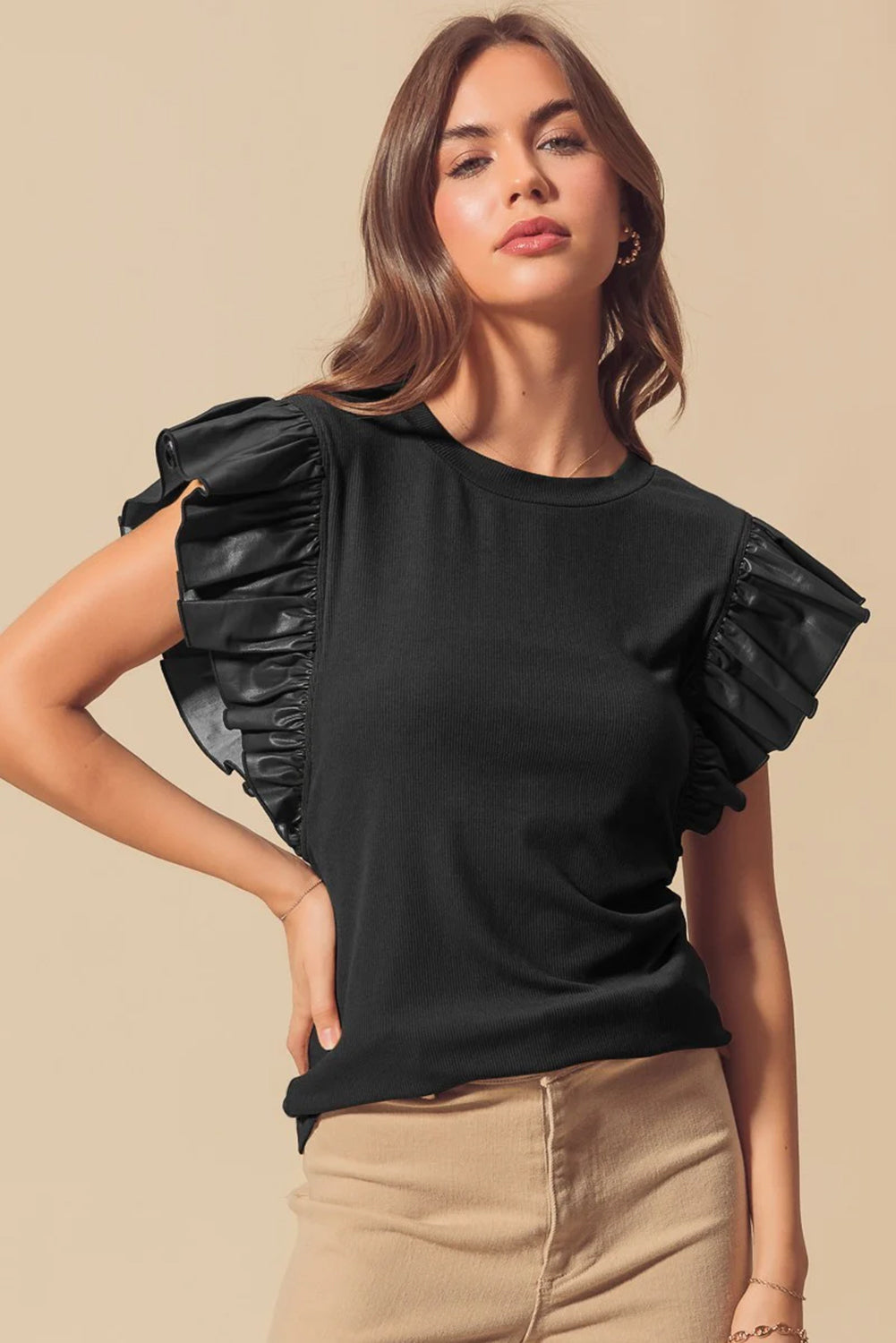 Cinnamon Leather Ruffle Sleeve Patchwork Round Neck Blouse