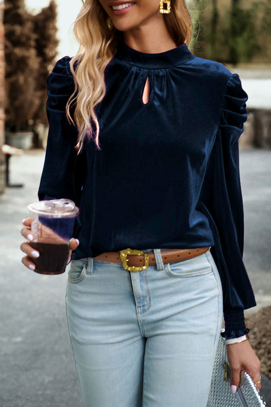 Navy Blue Mock Neck Puff Sleeve Velvet Blouse