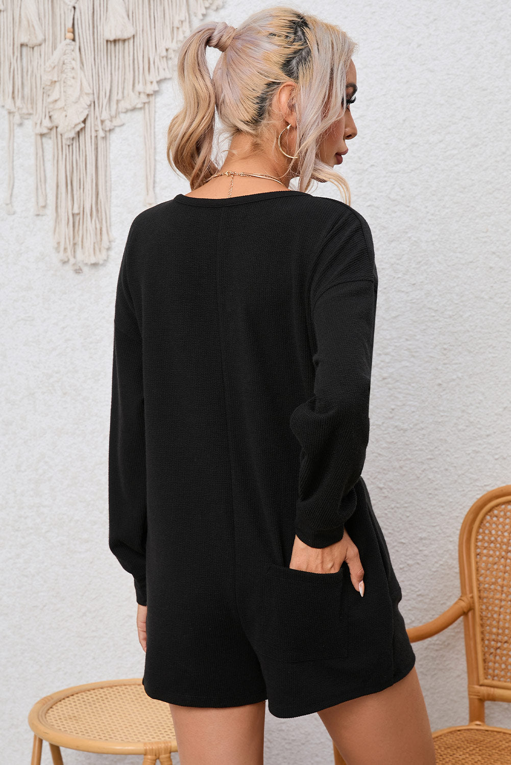 Black Brushed Ribbed Button Split V Neck Long Sleeve Romper