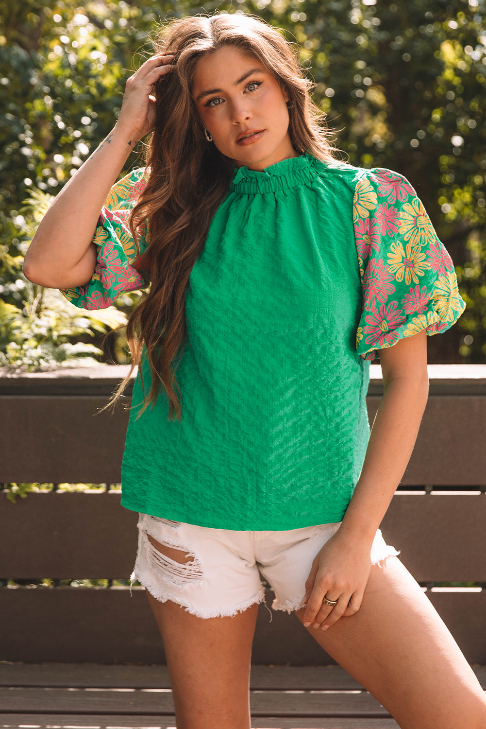 Bright Green Floral Puff Short Sleeve Ruffled Collar Button Back Top