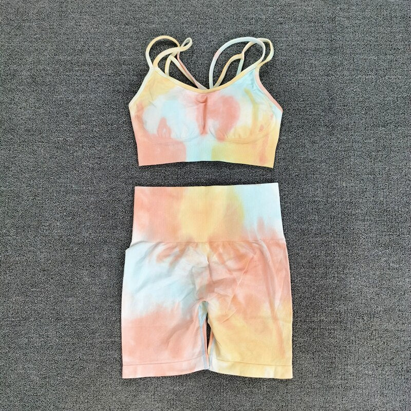 Seamless Sport Set Tie Dye Crop Bra Shorts Yoga Set