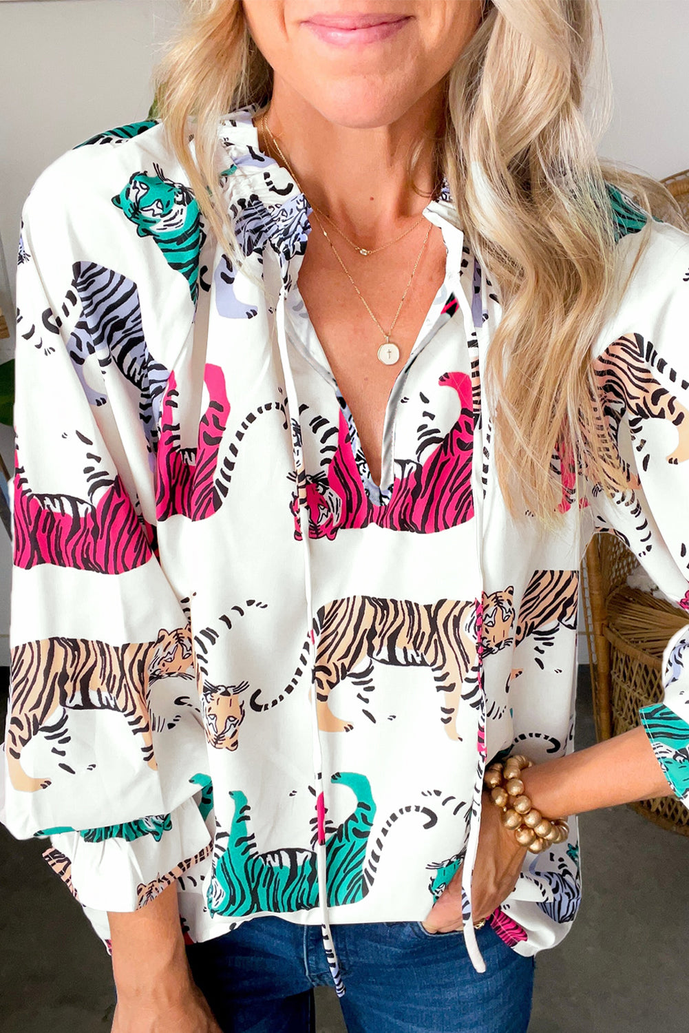 White Colorful Tiger Print Ruffled Lantern Sleeve Blouse